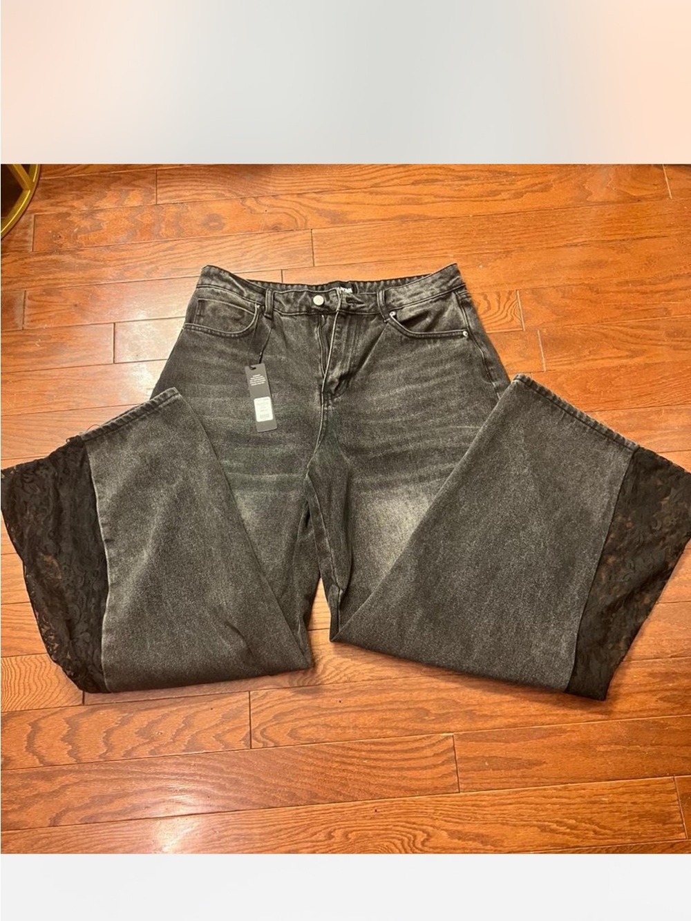 Fashion Nova Washed Black Wide Leg Jeans with Lace Panels